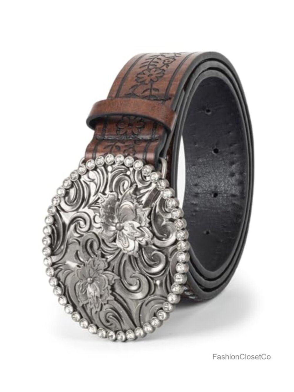 Western Rhinestone Floral PU Leather Belt Cowgirl Cowboy Bling